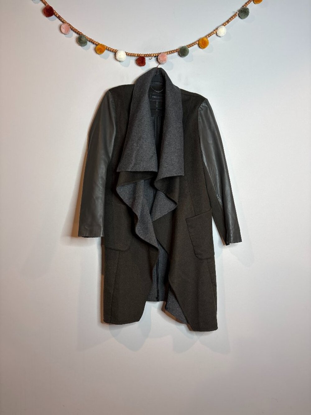 BCBG MaxAzria green and grey wool blend waterfall open coat jacket